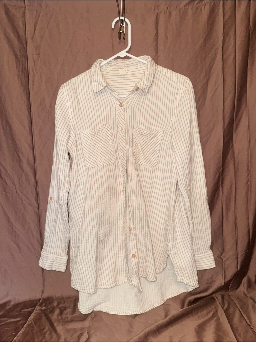 Maurices White Tunic Button-Down Shirt with Thin Gray Stripes